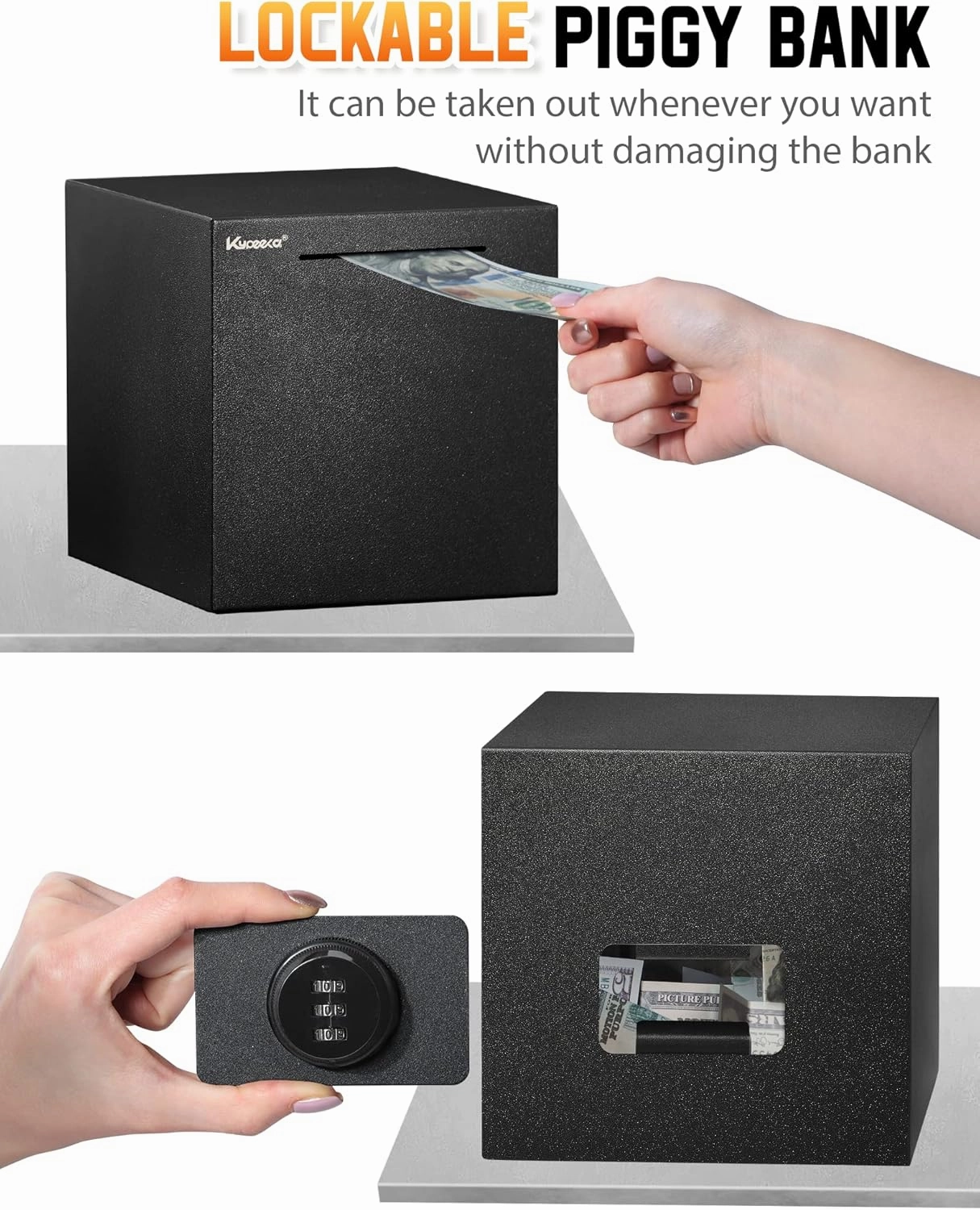 Piggy Bank for Adults, Stainless Steel Password Reusable Safe Bank, Metal Money Saving Box with Combination Lock for Cash Saving (Black, 7.9 inch)