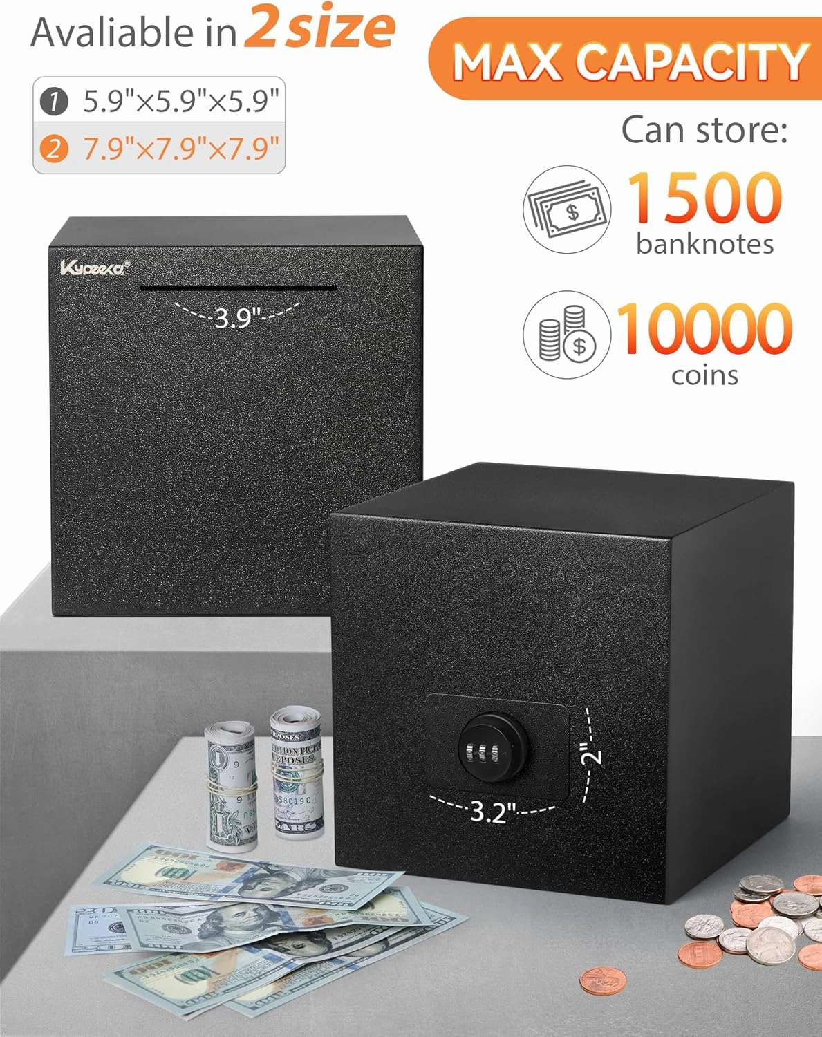 Piggy Bank for Adults, Stainless Steel Password Reusable Safe Bank, Metal Money Saving Box with Combination Lock for Cash Saving (Black, 7.9 inch)