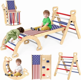 Pikler Triangle Set Flag Style, Wooden Montessori Climbing Set,Foldable Pickler-3-Piece Climbing Gym with Triangle Climbing Frame, Arch, Ramp, Indoor Climbing Toys for Children Aged 1-3