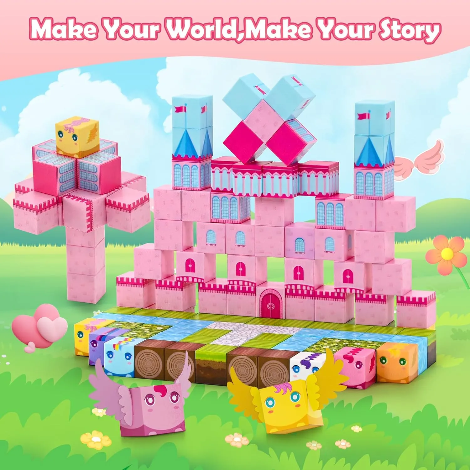 PINKCAT Magnetic Blocks - 100Pcs Magnetic Cubes Construction Blocks Set, Princess Castle Toddler Toys, Birthday Gifts for Kids Girls Creative Learning Kids Toys（Pink）