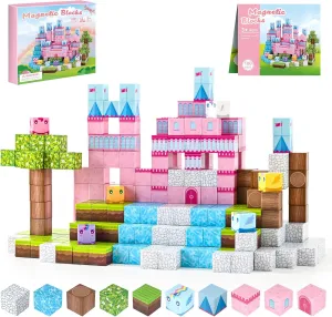 PINKCAT Magnetic Blocks - 100Pcs Magnetic Cubes Construction Blocks Set, Princess Castle Toddler Toys, Birthday Gifts for Kids Girls Creative Learning Kids Toys（Pink）