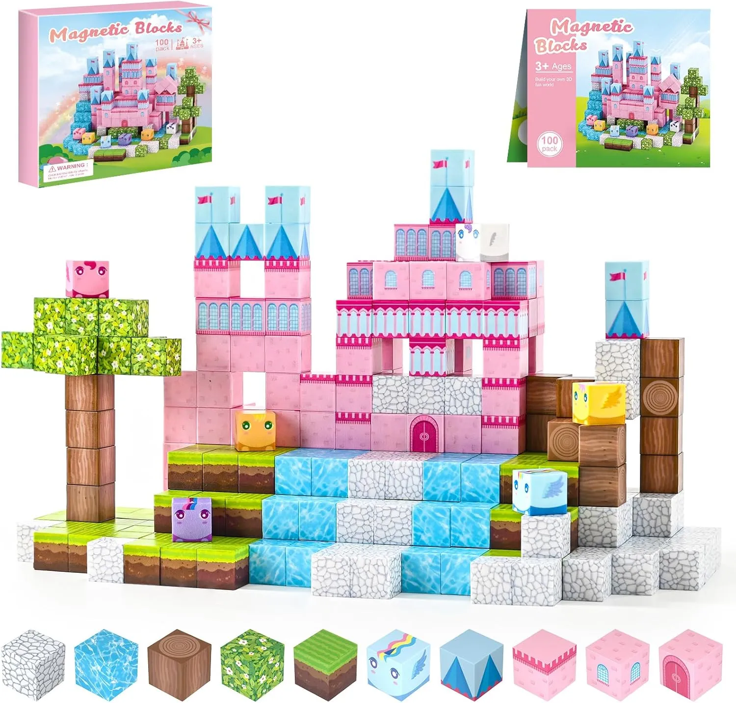 PINKCAT Magnetic Blocks - 100Pcs Magnetic Cubes Construction Blocks Set, Princess Castle Toddler Toys, Birthday Gifts for Kids Girls Creative Learning Kids Toys（Pink）