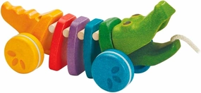 PlanToys Dancing Alligator Push & Pull Toy - Sustainably Made from Rubberwood, Makes Click-Clack Sounds and Dancing Movements when Pulled (Rainbow)