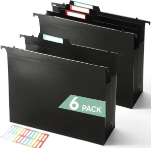 Plastic High Capacity Hanging File Folders, 4" Expanding Pocket with Movable Dividers, Heavy Duty for Filing Cabinet, Insertable Tabs, Letter Size - 6 Pack