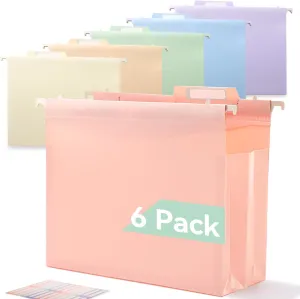 Plastic High Capacity Hanging File Folders, Pastel Colors, 4" Expanding Pocket with Movable Dividers, Heavy Duty for Filing Cabinet, Insertable Tabs, Letter Size - 6 Pack