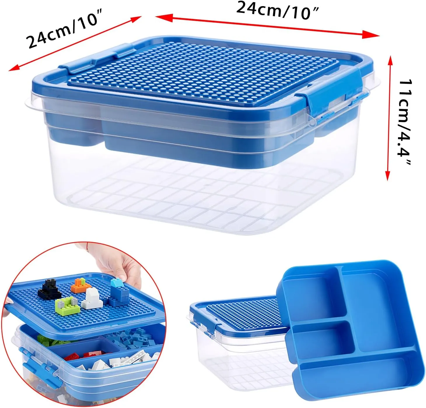 Plastic Storage Container with Bricks Baseplate Lid for Building Blocks, Bricks Building Set Organization Bin with Compartments Tray, Stackable Storage Box Building Block Chest Case (Blue)