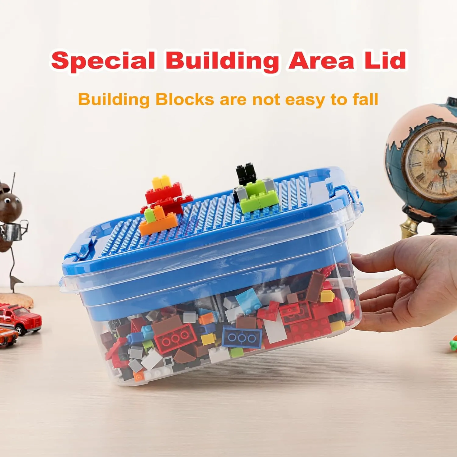 Plastic Storage Container with Bricks Baseplate Lid for Building Blocks, Bricks Building Set Organization Bin with Compartments Tray, Stackable Storage Box Building Block Chest Case (Blue)
