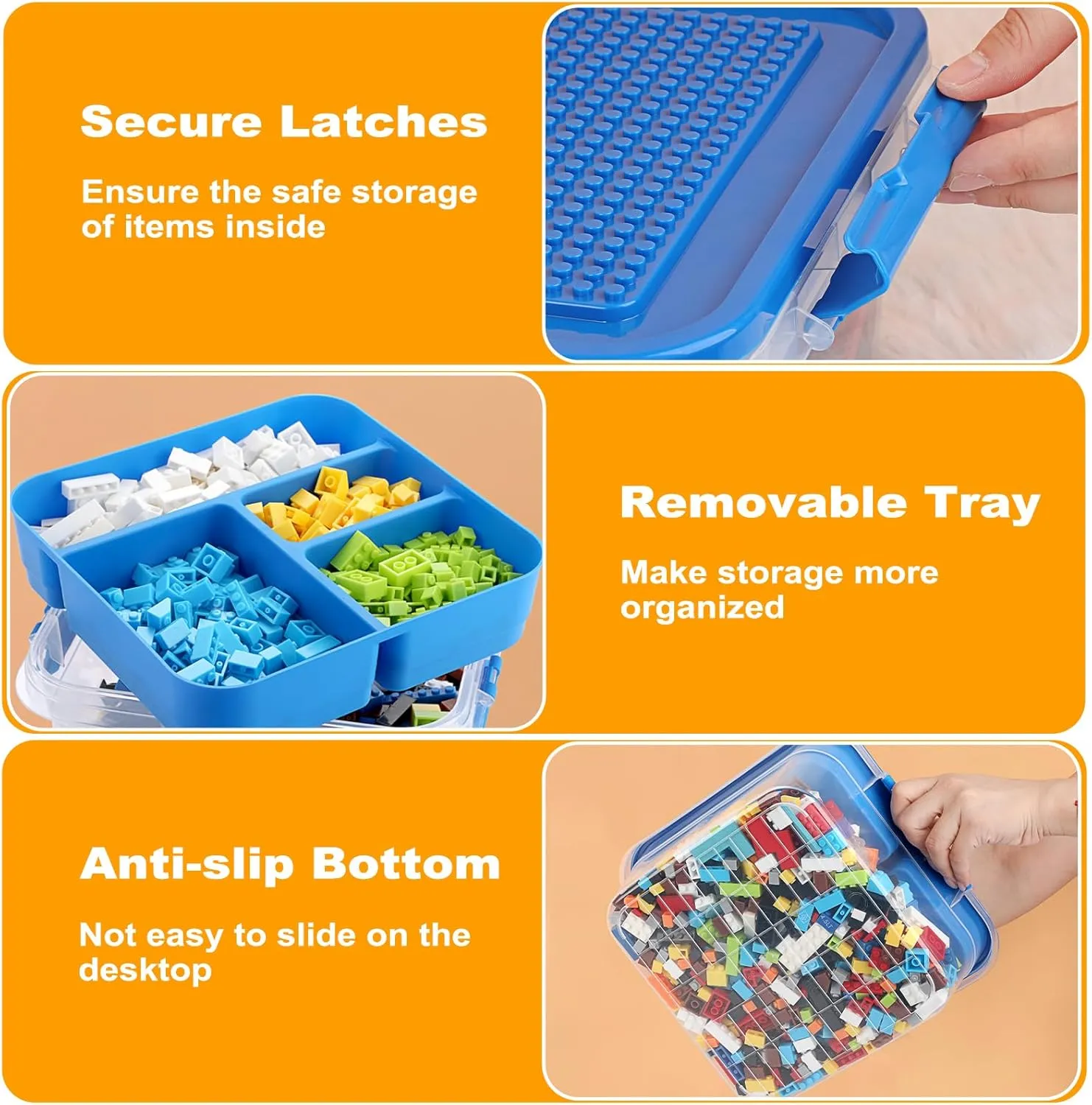 Plastic Storage Container with Bricks Baseplate Lid for Building Blocks, Bricks Building Set Organization Bin with Compartments Tray, Stackable Storage Box Building Block Chest Case (Blue)