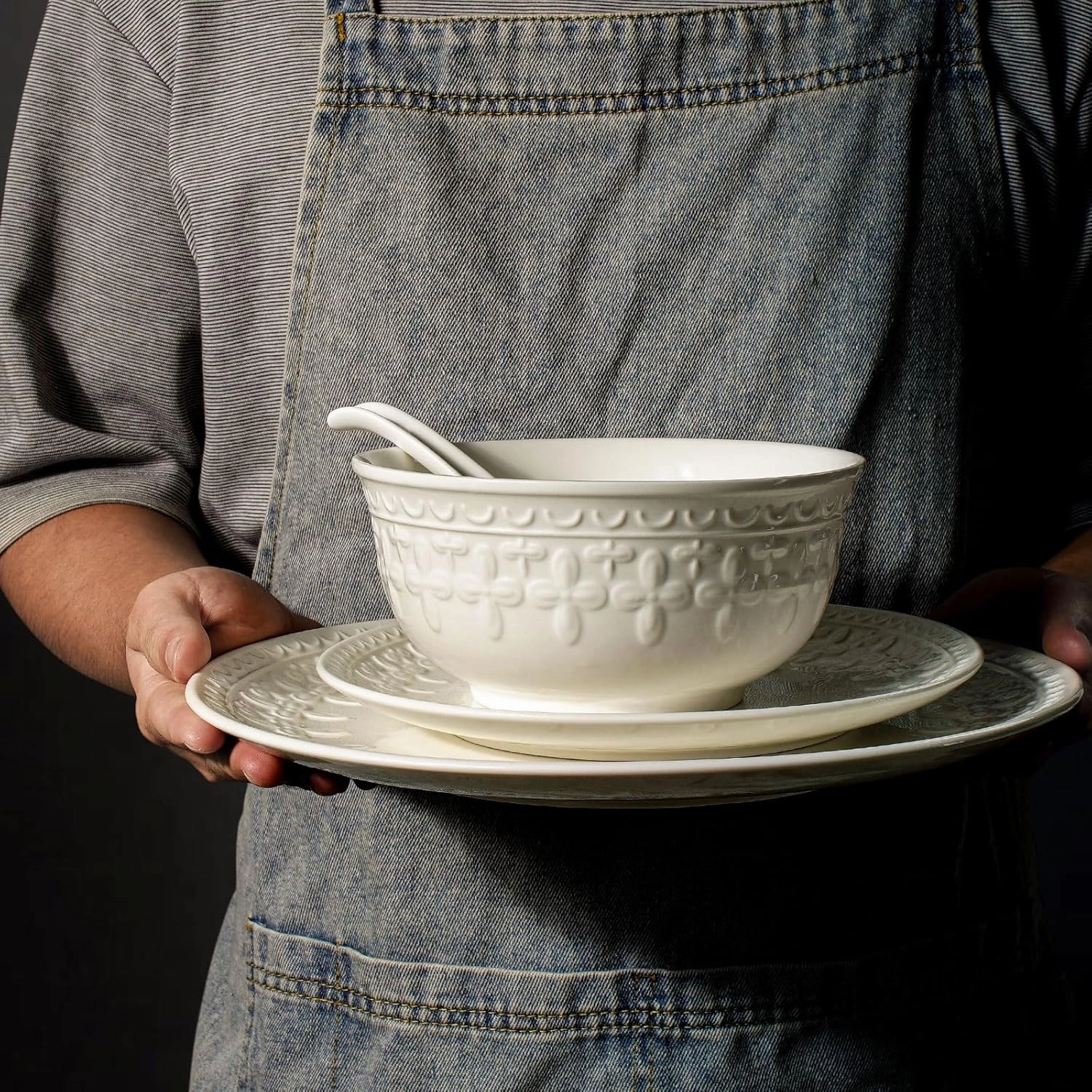 Plates and Bowls Sets - 16 Pieces Ceramic Dinnerware Sets for 4, Embossed White Dish Set Porcelain Kitchen Dishware Sets Dishwasher & Microwave Safe (Cross Floral)