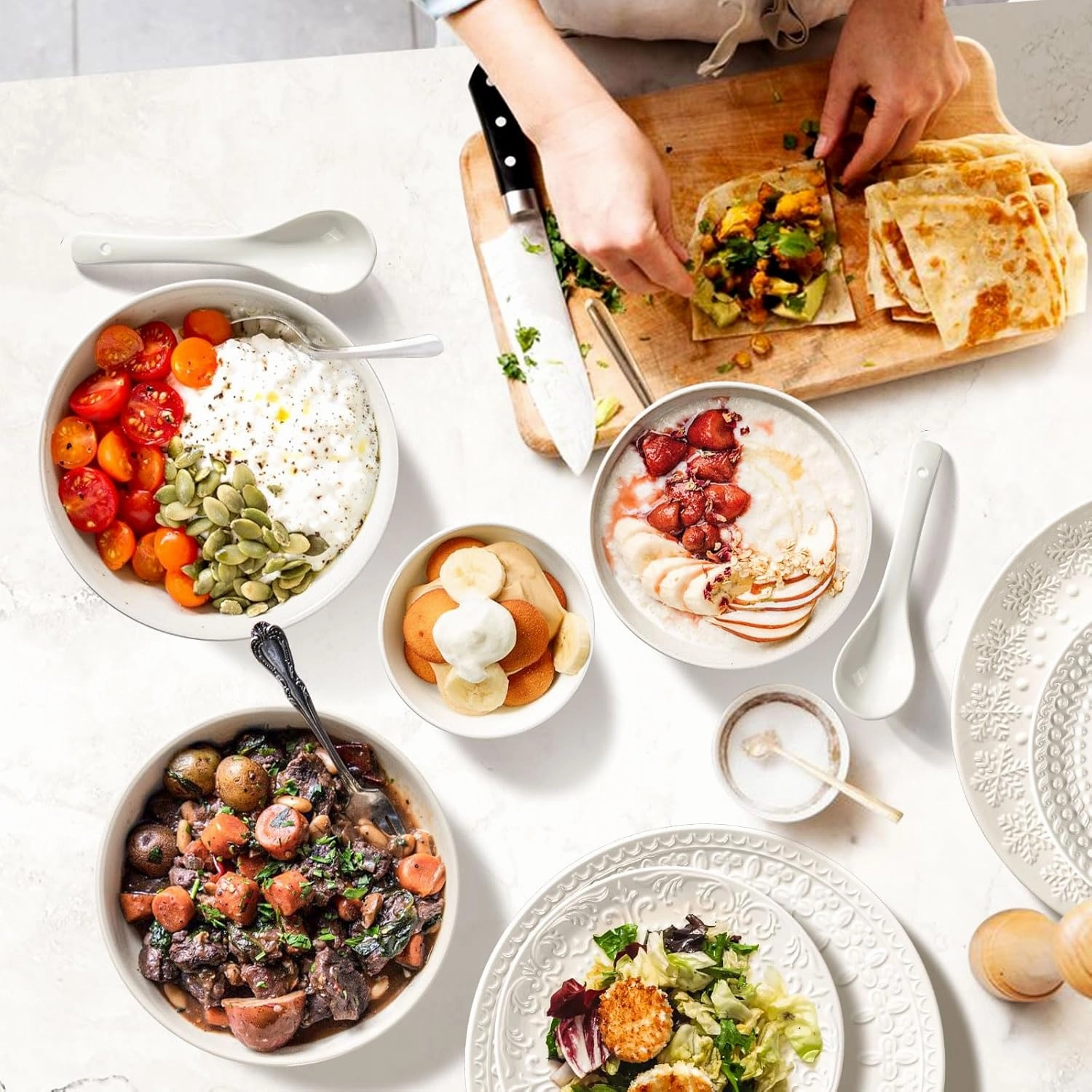 Plates and Bowls Sets - 16 Pieces Ceramic Dinnerware Sets for 4, Embossed White Dish Set Porcelain Kitchen Dishware Sets Dishwasher & Microwave Safe (Cross Floral)