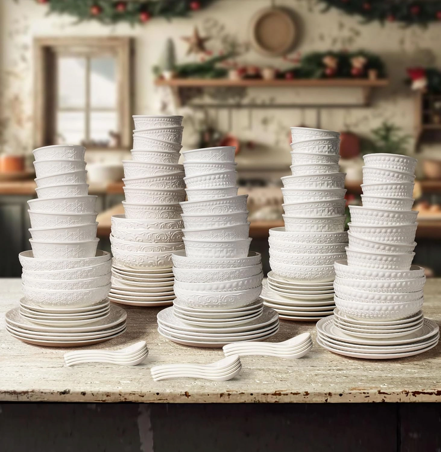 Plates and Bowls Sets - 16 Pieces Ceramic Dinnerware Sets for 4, Embossed White Dish Set Porcelain Kitchen Dishware Sets Dishwasher & Microwave Safe (Cross Floral)