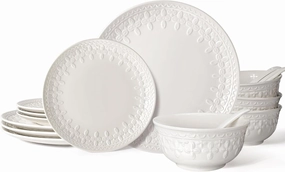Plates and Bowls Sets - 16 Pieces Ceramic Dinnerware Sets for 4, Embossed White Dish Set Porcelain Kitchen Dishware Sets Dishwasher & Microwave Safe (Cross Floral)