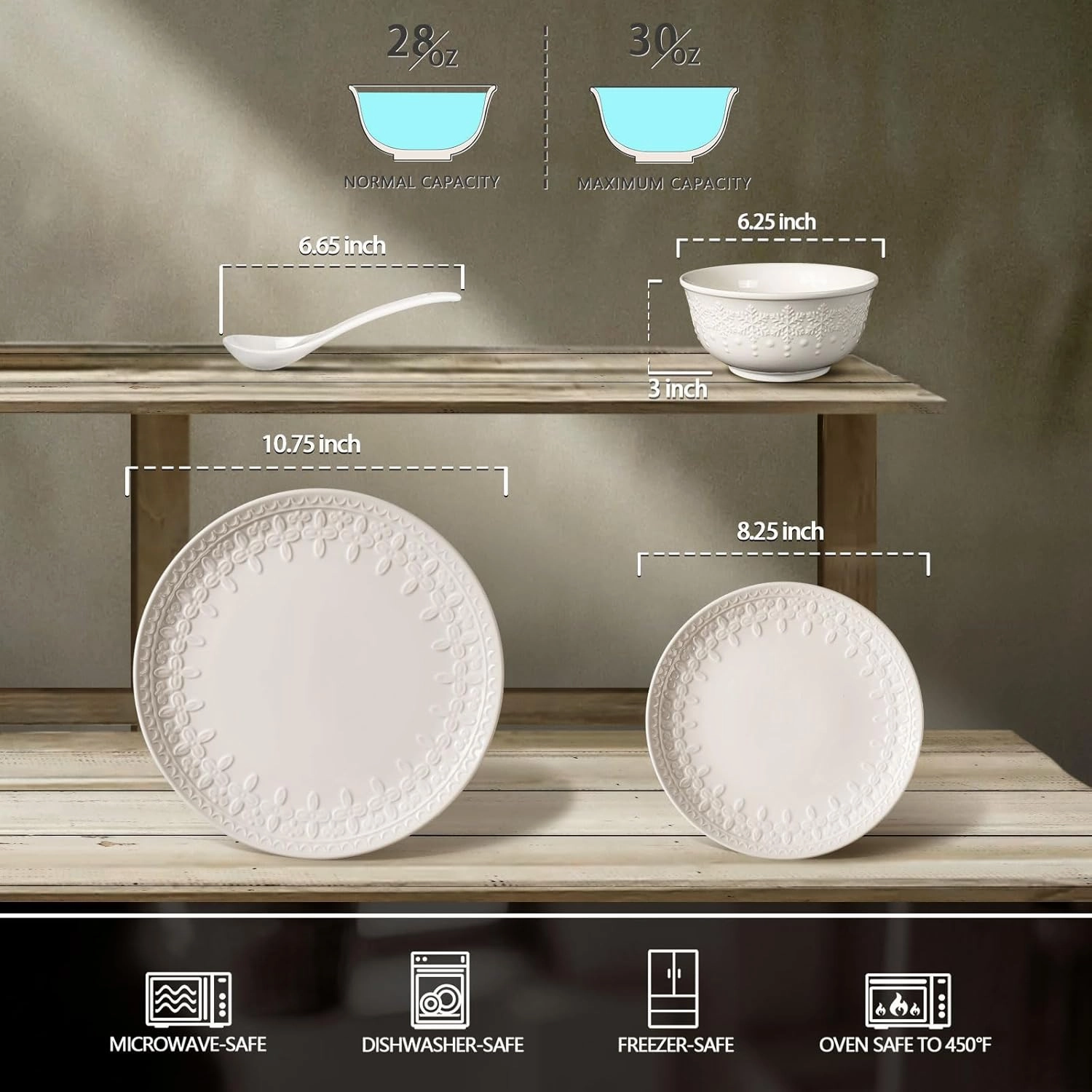 Plates and Bowls Sets - 16 Pieces Ceramic Dinnerware Sets for 4, Embossed White Dish Set Porcelain Kitchen Dishware Sets Dishwasher & Microwave Safe (Cross Floral)