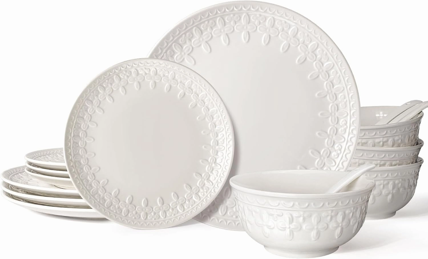 Plates and Bowls Sets - 16 Pieces Ceramic Dinnerware Sets for 4, Embossed White Dish Set Porcelain Kitchen Dishware Sets Dishwasher & Microwave Safe (Cross Floral)
