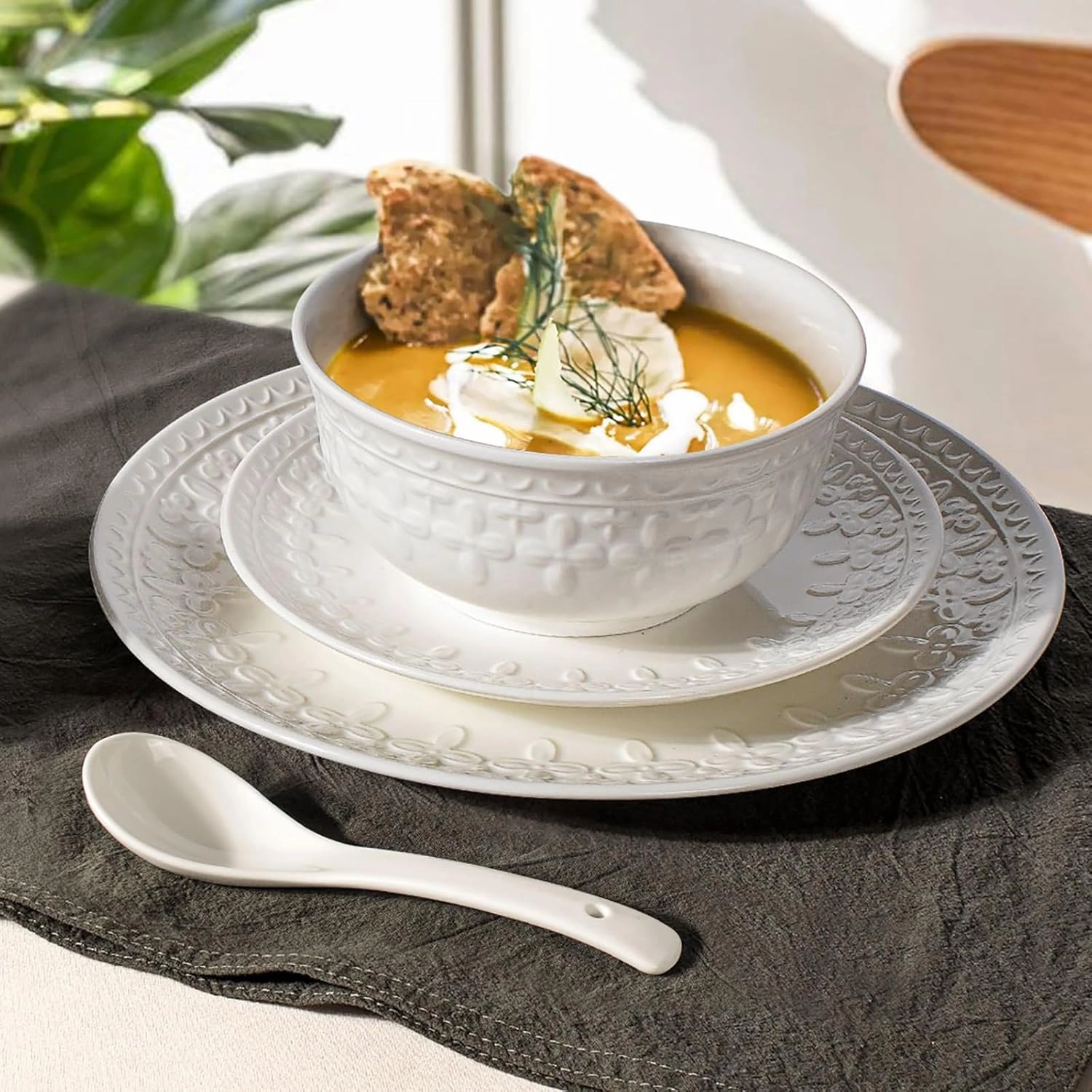 Plates and Bowls Sets - 16 Pieces Ceramic Dinnerware Sets for 4, Embossed White Dish Set Porcelain Kitchen Dishware Sets Dishwasher & Microwave Safe (Cross Floral)