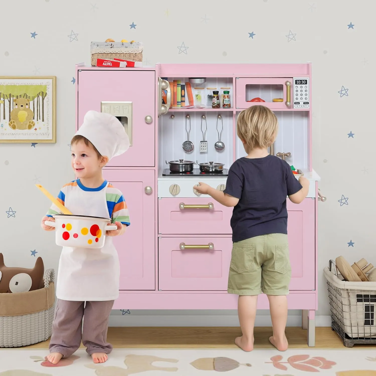 Play Kitchen for Kids, Wooden Kids Kitchen Playset with Lights and Sounds, Children Pretend Toy Kitchen Playset w/Stove, Oven & Ice Maker, Little Chef Play Kitchen for Girls and Boys (Pink)