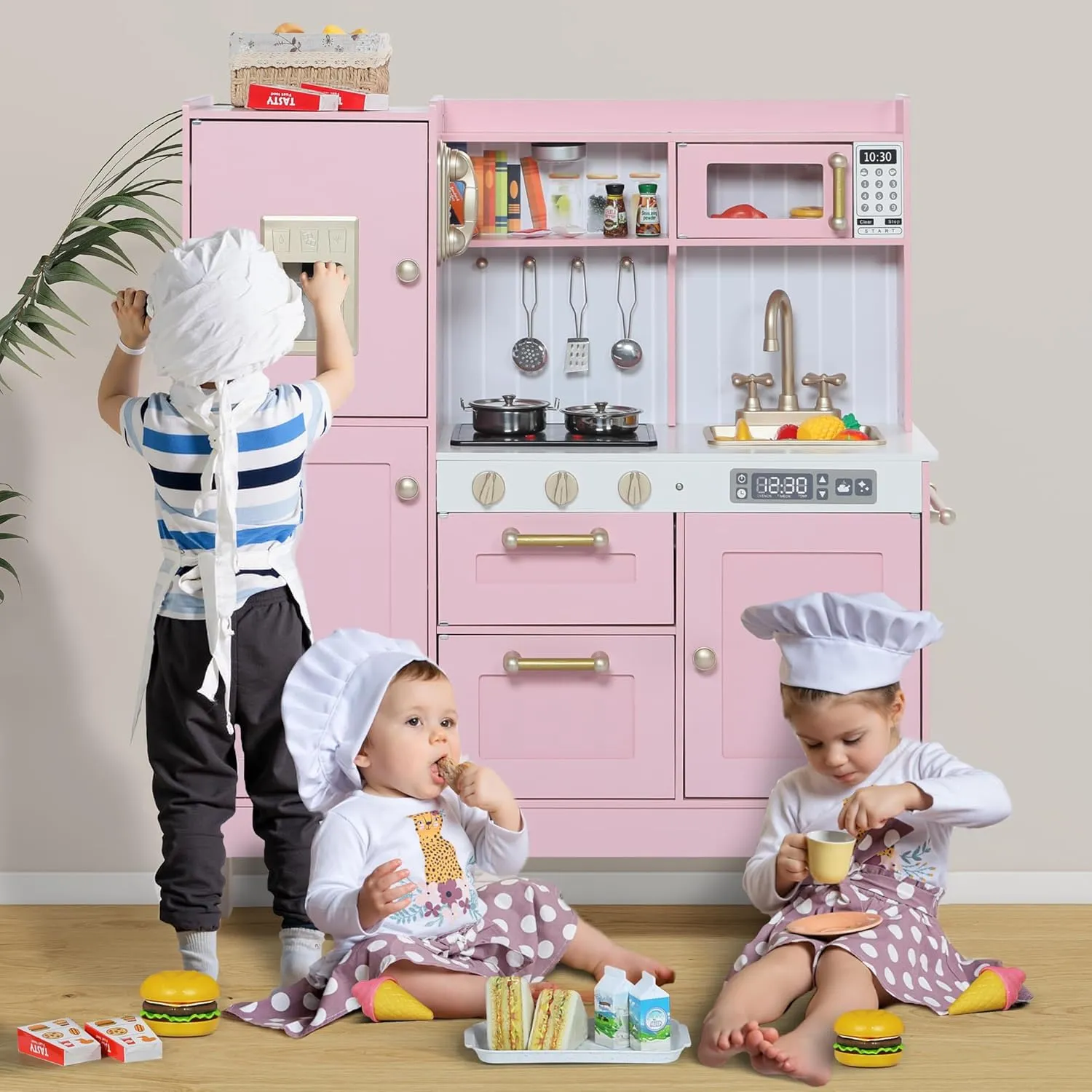 Play Kitchen for Kids, Wooden Kids Kitchen Playset with Lights and Sounds, Children Pretend Toy Kitchen Playset w/Stove, Oven & Ice Maker, Little Chef Play Kitchen for Girls and Boys (Pink)