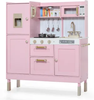 Play Kitchen for Kids, Wooden Kids Kitchen Playset with Lights and Sounds, Children Pretend Toy Kitchen Playset w/Stove, Oven & Ice Maker, Little Chef Play Kitchen for Girls and Boys (Pink)