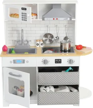 Play Kitchen for Kids, Wooden Kitchen Toy Playset with Stove, Oven, Sink and 17 Pcs Toy Food & Cookware Acces, Pretend Play Kitchen with 2 Fabric Drawers for Toddlers, Preschoolers Age 3  Years, White