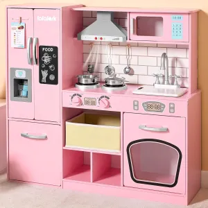 Play Kitchen Set for Toddlers, Wooden Toy Playset with Real Lights & Sounds, Double-Door Fridge, Ice Maker & Cookware Accessories, Pretend and Play Kitchen Set for Kids, Gift for Ages 3 