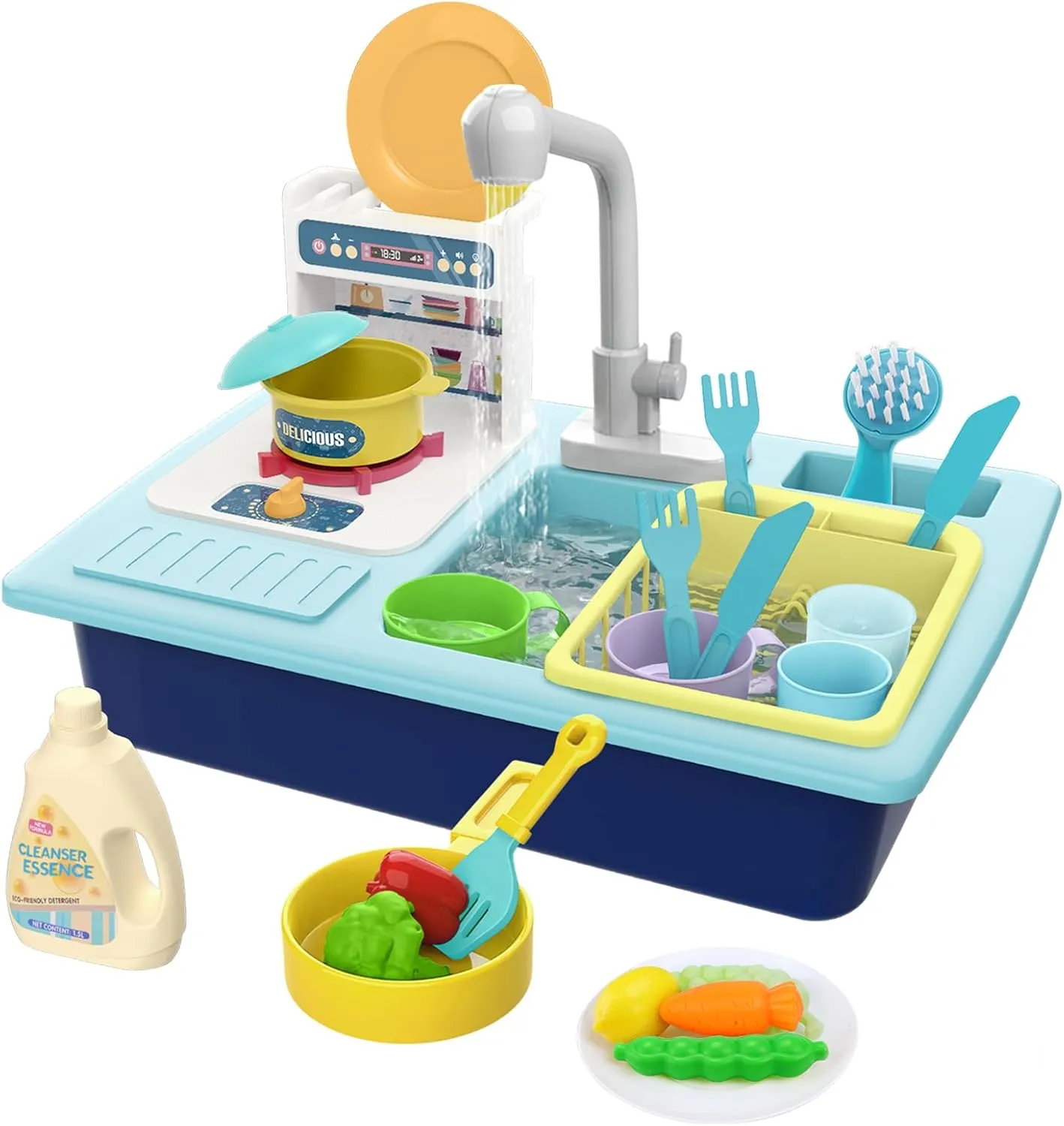 Play Kitchen Sink Toys, Children Electric Dishwasher Play Sink with Running Water, Play Kitchen Accessories, Upgraded Real Faucet for Water Play, Role Play House for Toddlers 3 
