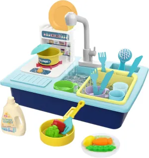 Play Kitchen Sink Toys, Children Electric Dishwasher Play Sink with Running Water, Play Kitchen Accessories, Upgraded Real Faucet for Water Play, Role Play House for Toddlers 3 