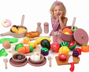 Play Kitchen Accessories, Silicone Pretend Play Kitchen Toys Set, Play Kitchen Pots and Pans Set for Kids, Learning Education Cooking Toys for Girls(Pink)
