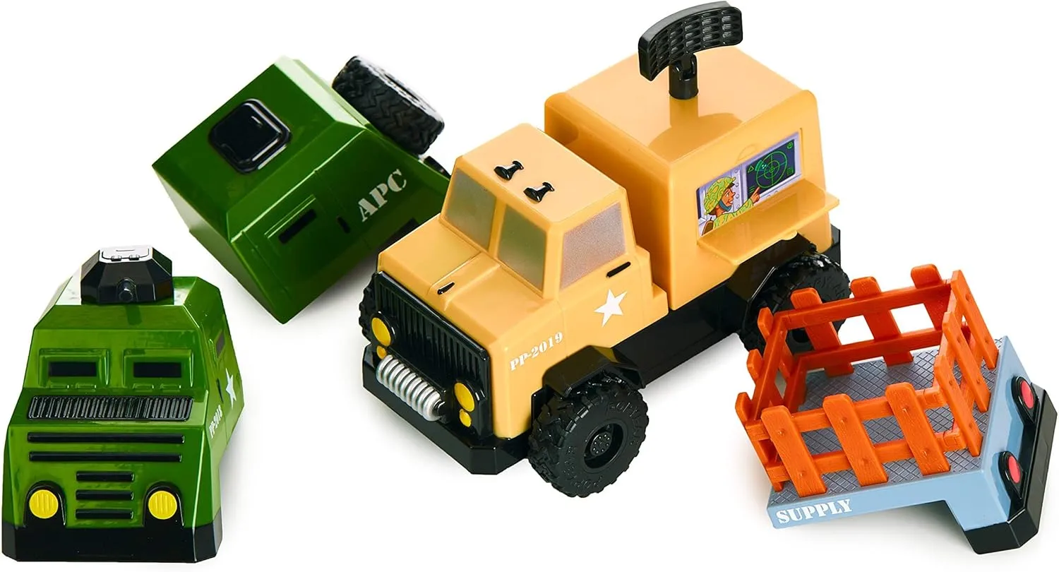 POPULAR PLAYTHINGS Magnetic Build A Truck Special Forces Toy Play Set, 5 Piece Mix and Match Vehicles, Racecar Party Favors and Cars Goodie Bag Fillers