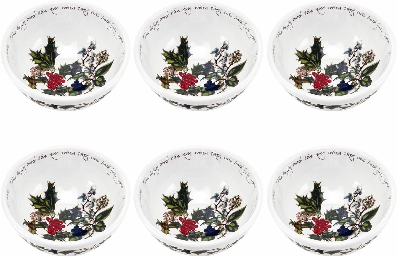 Portmeirion Holly and Ivy 8-Inch Salad Bowls (Set of 6) - Festive Earthenware for Christmas Dining, Ideal for Salads, Sides, Desserts - Microwave, Dishwasher, Freezer Safe - Seasonal Tableware
