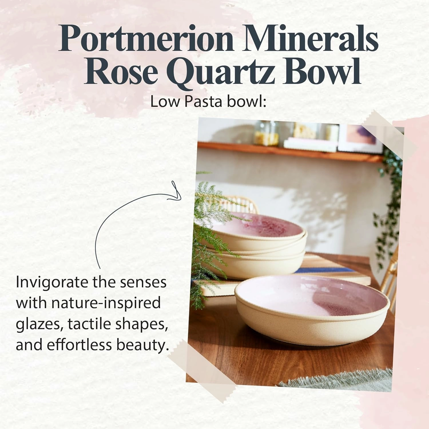 Portmeirion Minerals 8.7-Inch Low Serving Bowl, Rose Quartz (Set of 4) - Recycled Clay Stoneware with Reactive Glaze, Made in Portugal, Microwave & Dishwasher Safe - Decorative Modern Bowl