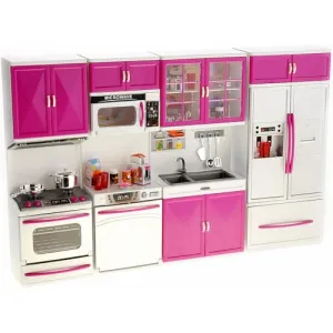 PowerTRC Doll Kitchen Play Set, Mini Modern Toy Kitchen Pretend Play Furnitures Toy Set Accessories Set with Realistic Light Sound for Kids Toddlers Girls 4-in-1