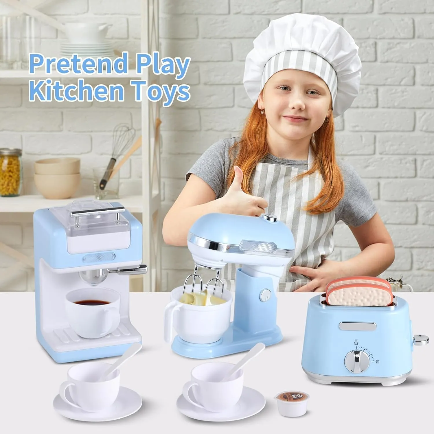 Pretend Play Kitchen Appliances Toy Set with Coffee Maker Machine, Mixer and Toaster, Play Kitchen Accessories with Sound & Light Birthday Gifts for Kids Age 3  Boys and Girls