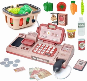 Pretend Play Calculator Cash Register Toy with Sound,Microphone,Scanner,Credit Card and Conve Belt Play Food Classic Count Toy Preschool Gift for Kids Boys Girls 3 4 5 6 7 8 Years