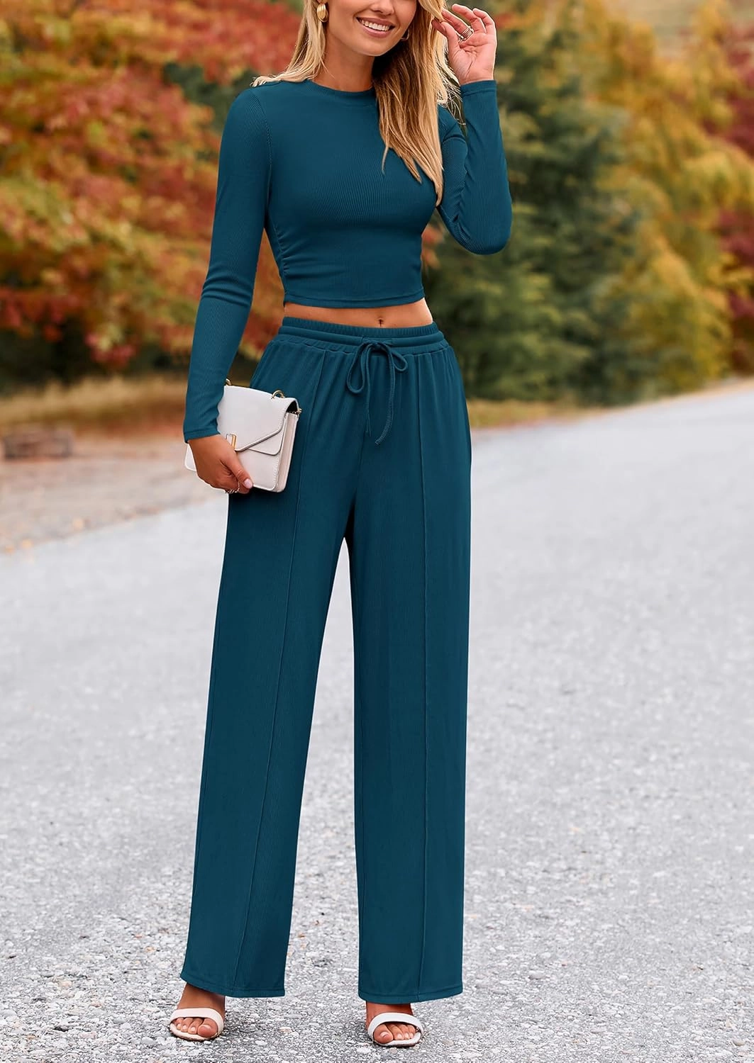 PRETTYGARDEN Women's 2 Piece Loungewear Long Sleeve Crop Top Wide Leg Palazzo Pants Set Tracksuits Casual Outfit