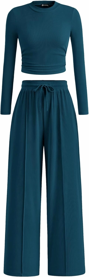 PRETTYGARDEN Women's 2 Piece Loungewear Long Sleeve Crop Top Wide Leg Palazzo Pants Set Tracksuits Casual Outfit