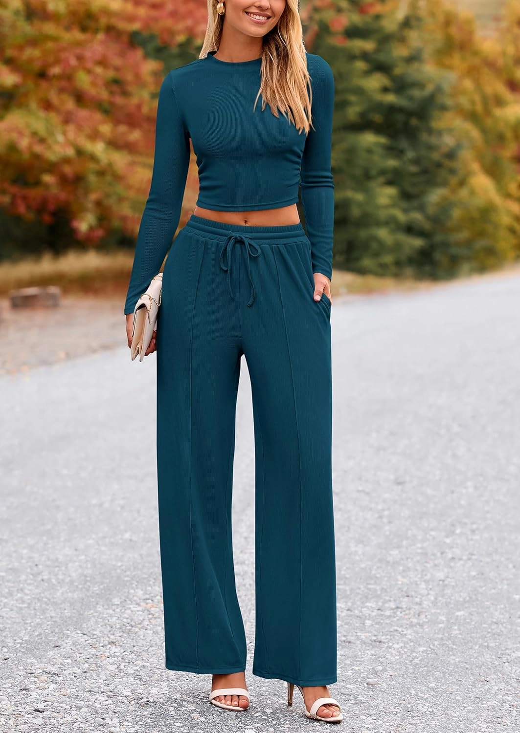 PRETTYGARDEN Women's 2 Piece Loungewear Long Sleeve Crop Top Wide Leg Palazzo Pants Set Tracksuits Casual Outfit
