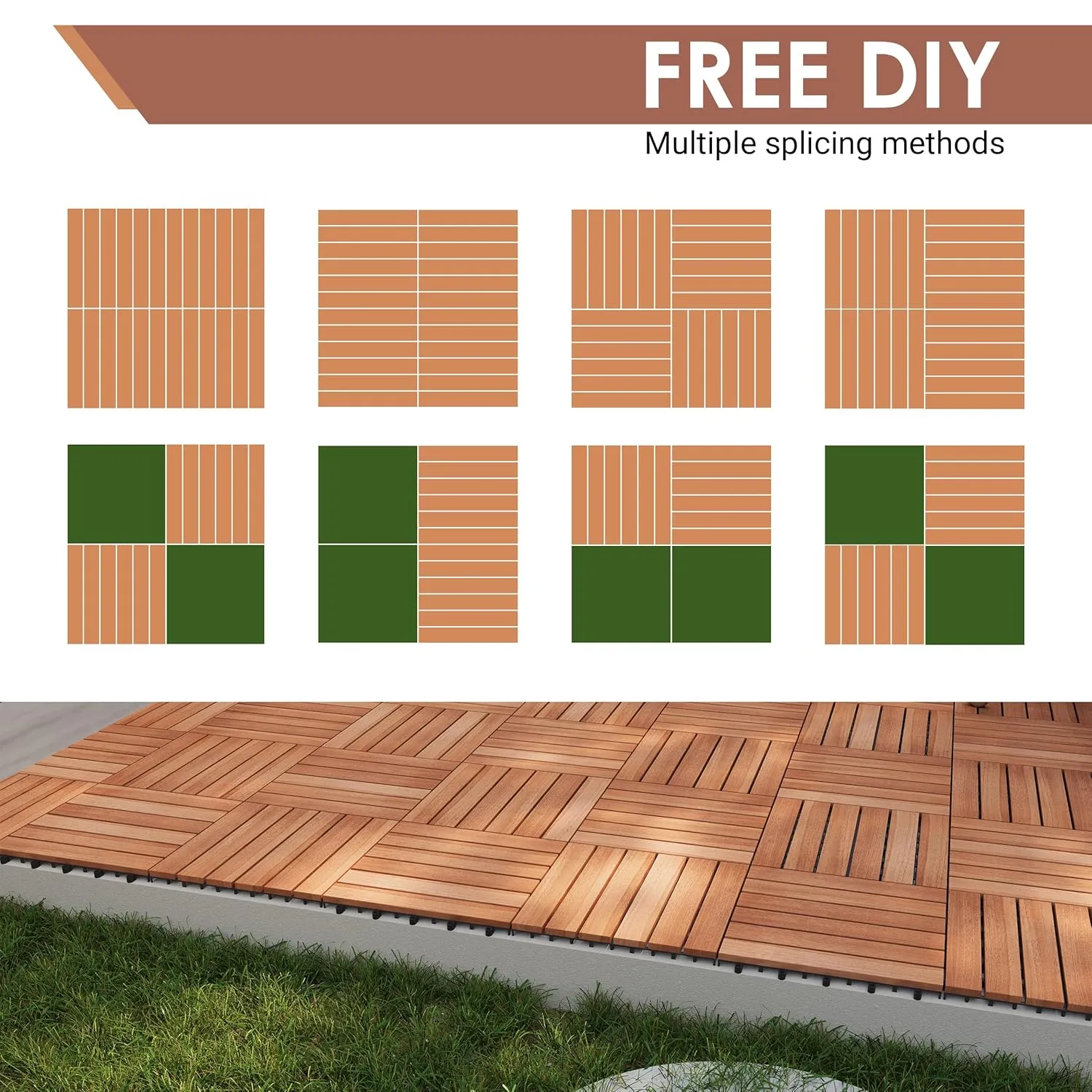 PrimeZone 162 PCS Solid Acacia Wood Interlocking Patio Deck Tiles - 12" x 12" Indoor Outdoor Waterproof Flooring Tiles for Balcony, Backyard, Garden & Poolside, All Weather Use, Natural Wood