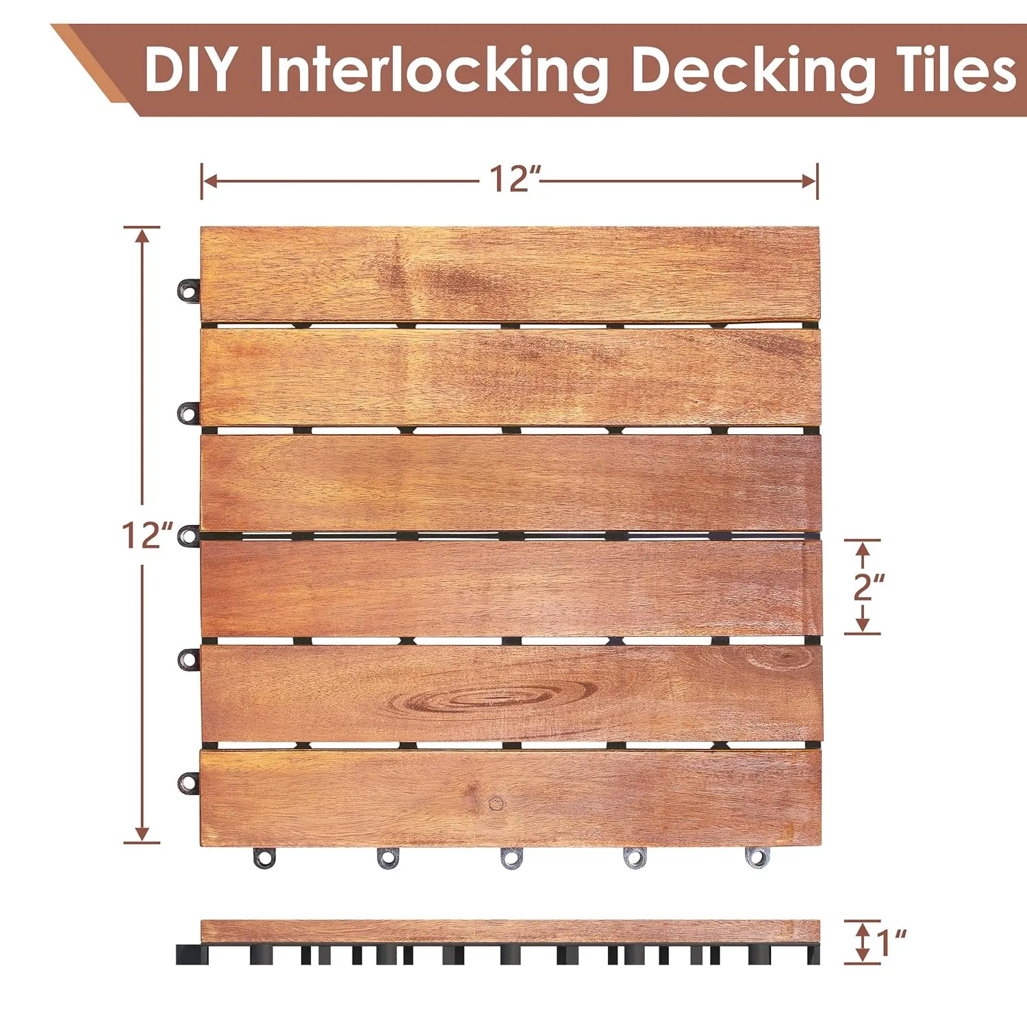 PrimeZone 162 PCS Solid Acacia Wood Interlocking Patio Deck Tiles - 12" x 12" Indoor Outdoor Waterproof Flooring Tiles for Balcony, Backyard, Garden & Poolside, All Weather Use, Natural Wood