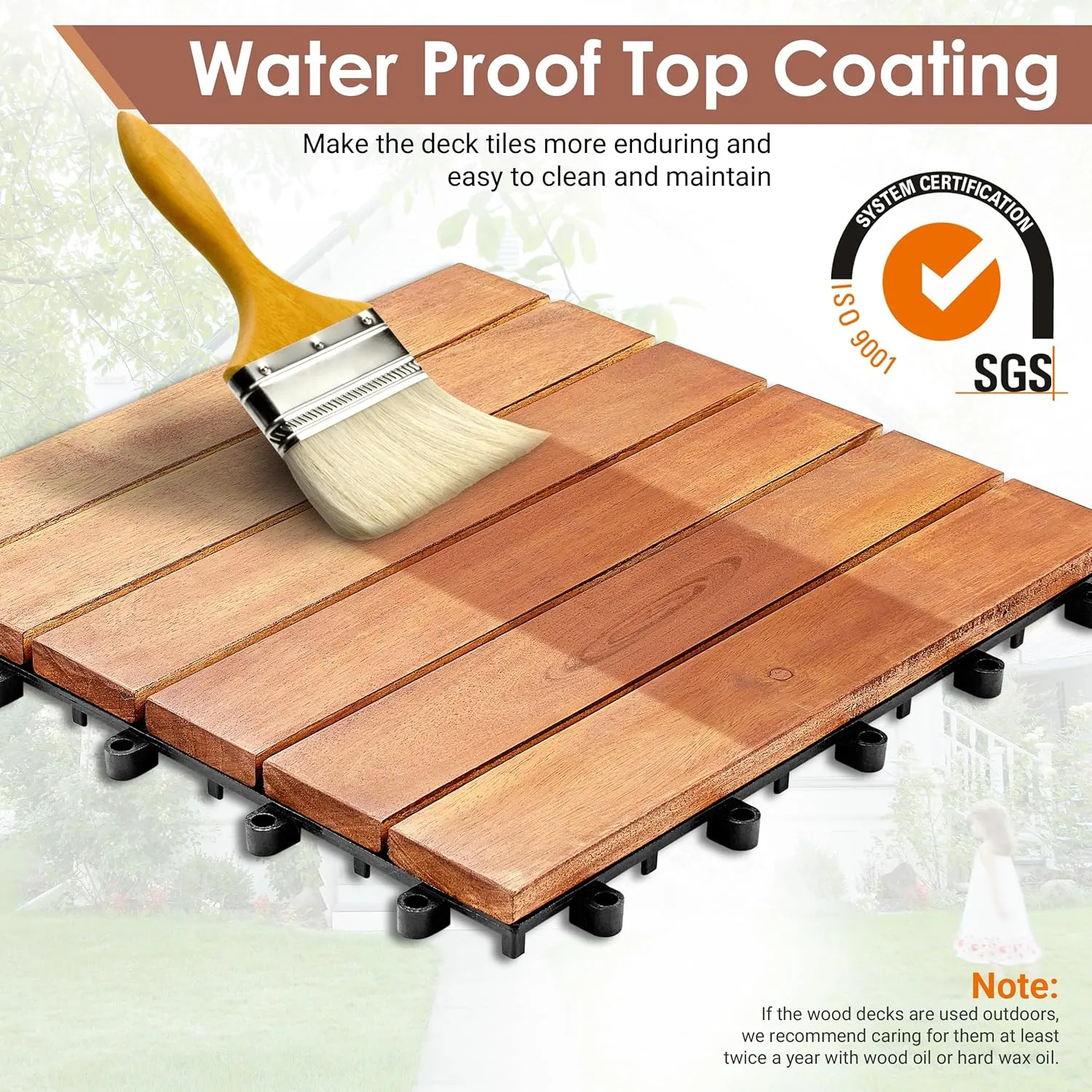 PrimeZone 162 PCS Solid Acacia Wood Interlocking Patio Deck Tiles - 12" x 12" Indoor Outdoor Waterproof Flooring Tiles for Balcony, Backyard, Garden & Poolside, All Weather Use, Natural Wood