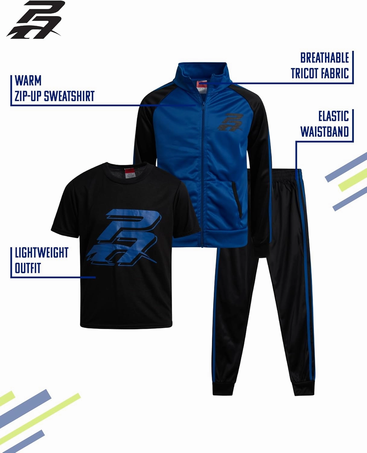 Pro Athlete Boys' Jogger Set - 3 Piece Short Sleeve Graphic Tee, Zip Up Tricot Sweatshirt and Sweatpants for Boys (8-12)
