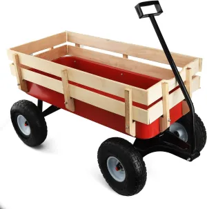 Pull Along Wagon Heavy Duty All-Terrain Cargo Wagon Outdoor Cart with Removable Wooden Side Panels,Big Tires and Wide Grip Handle for Towing Toys,Garden Tools,33x15.7x19.6 Inches