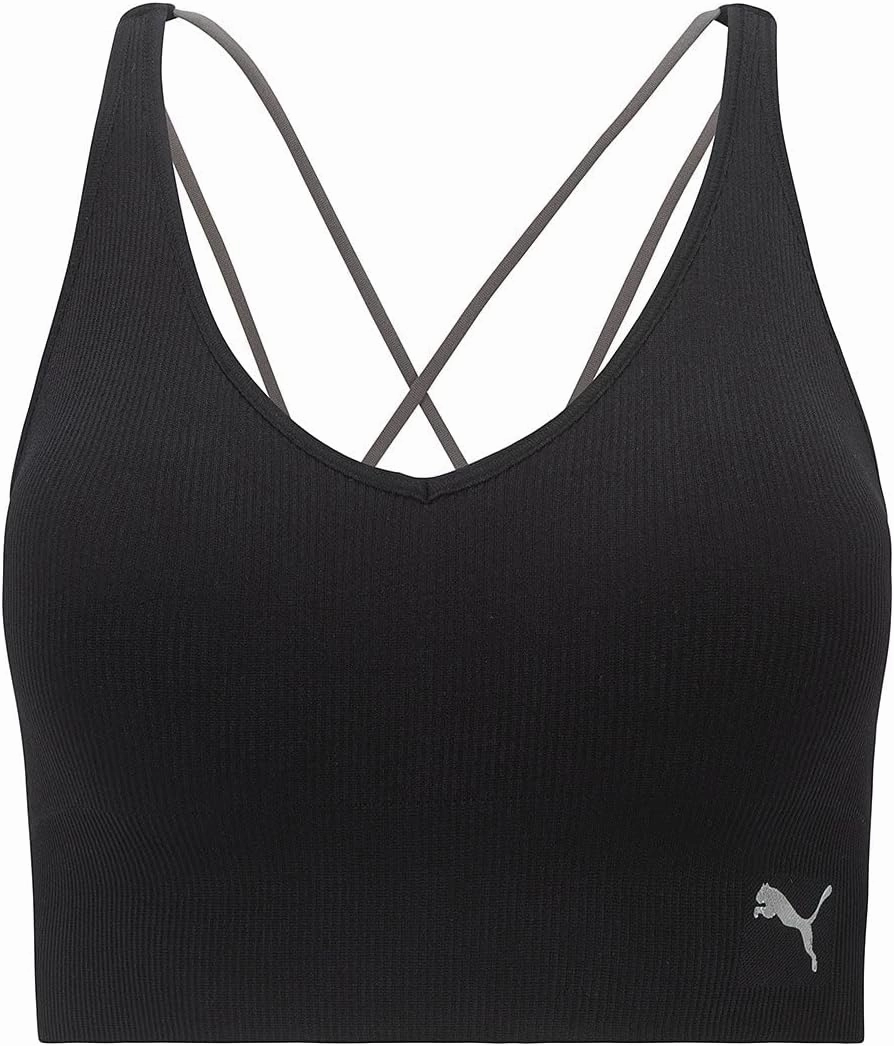 PUMA Women's Seamless Sports Bra, Black Grey/Mirrored Logo, Medium