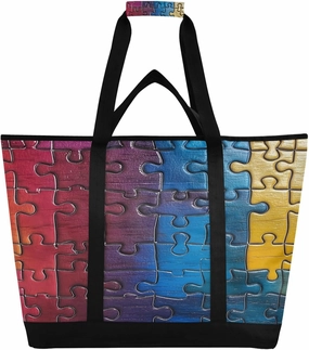 Puzzle Fragment Pattern Reusable Insulated Lunchbox Cooler Bag, Leakproof Kitchen Grocery Bag Collapsible Portable Cooler Tote Bag for Picnic, Camping, Office, Travel
