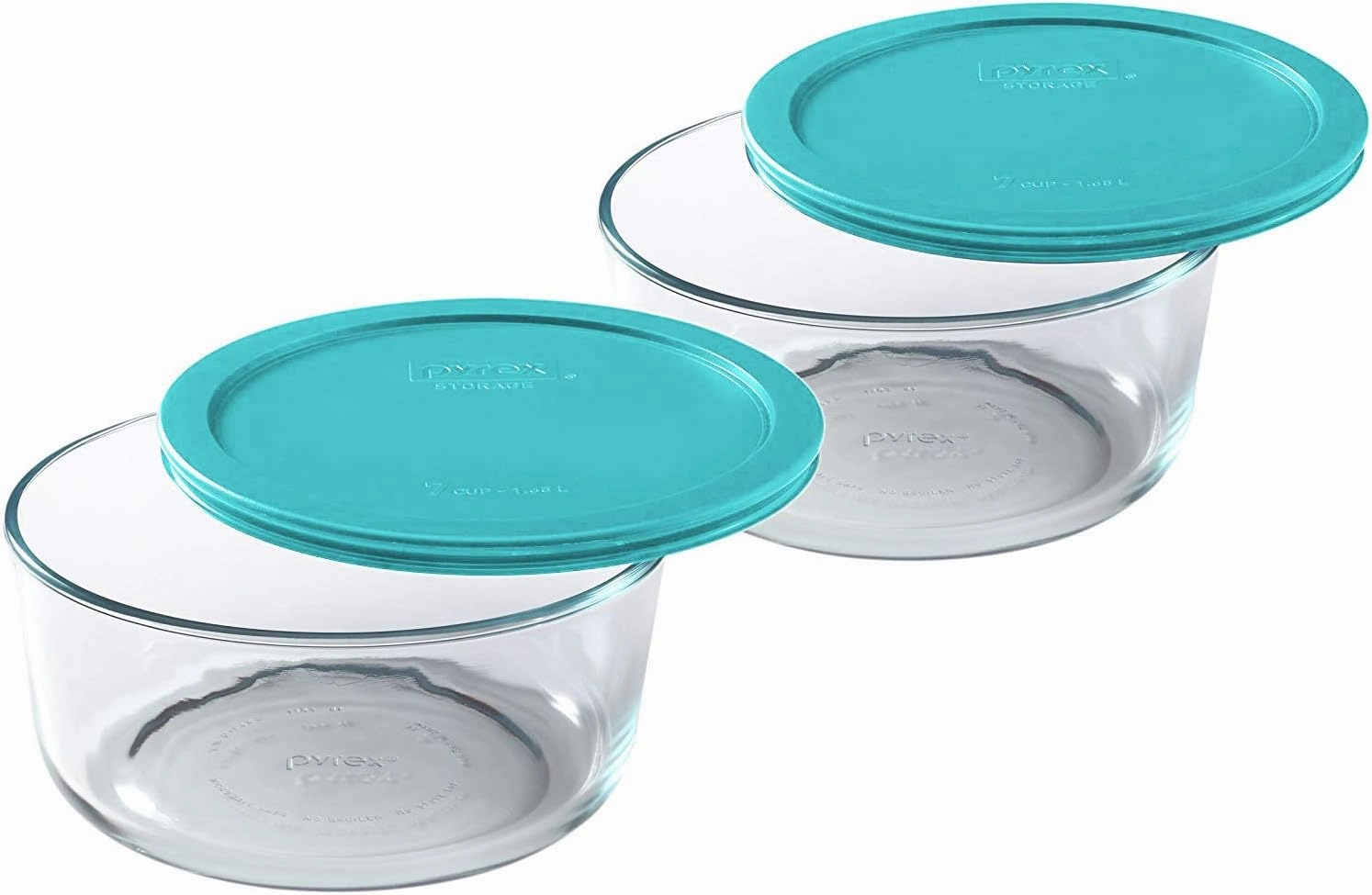 Pyrex 7203 6/7-Cup Glass Bowls & 7402-PC 6/7-Cup Turquoise Plastic Lids (2-Pack) - Made in the USA