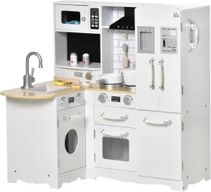 Qaba Corner Kitchen Playset with Cooking Set, Kids Kitchen Set with Range Hood, Microwave, Oven, Stove, Refrigerator, Telephone, Pretend Play Kitchen with Sound Effect for Toddlers