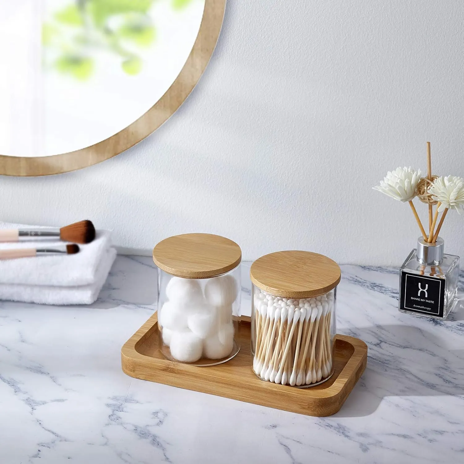 Qtip Holder With Vanity Tray, Glass Apothecary Jars With Lids for Bathroom, Cotton Ball Swab Pad Rounds Holder Canister Jars for Restroom Decorations and Organizer