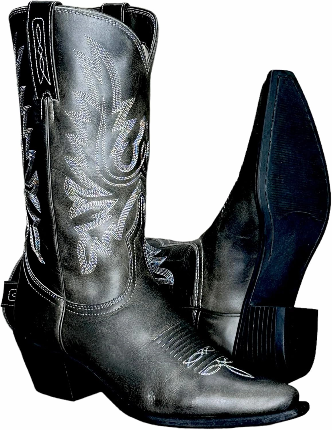 QUEEN USA TEXAS Women's Western Cowboy Pointed Toe Mid Calf Pull On Tabs Leather Boots