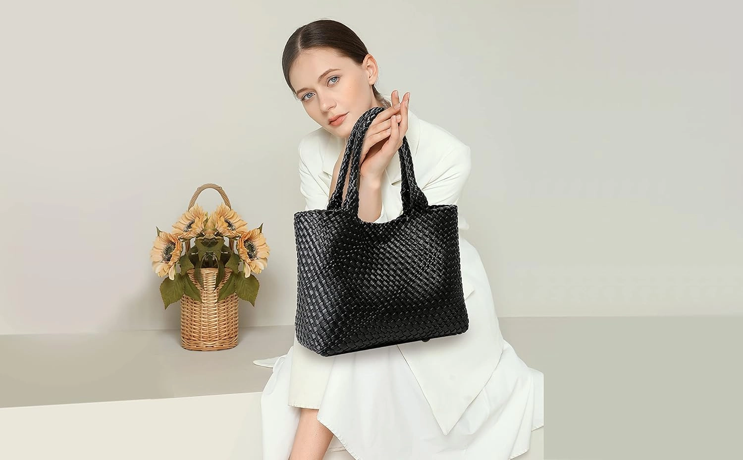 Queenoris Woven Bag for Women, Fashion Top Handle Shoulder Bag Vegan Leather Shopper Bag Large Travel Tote Bag