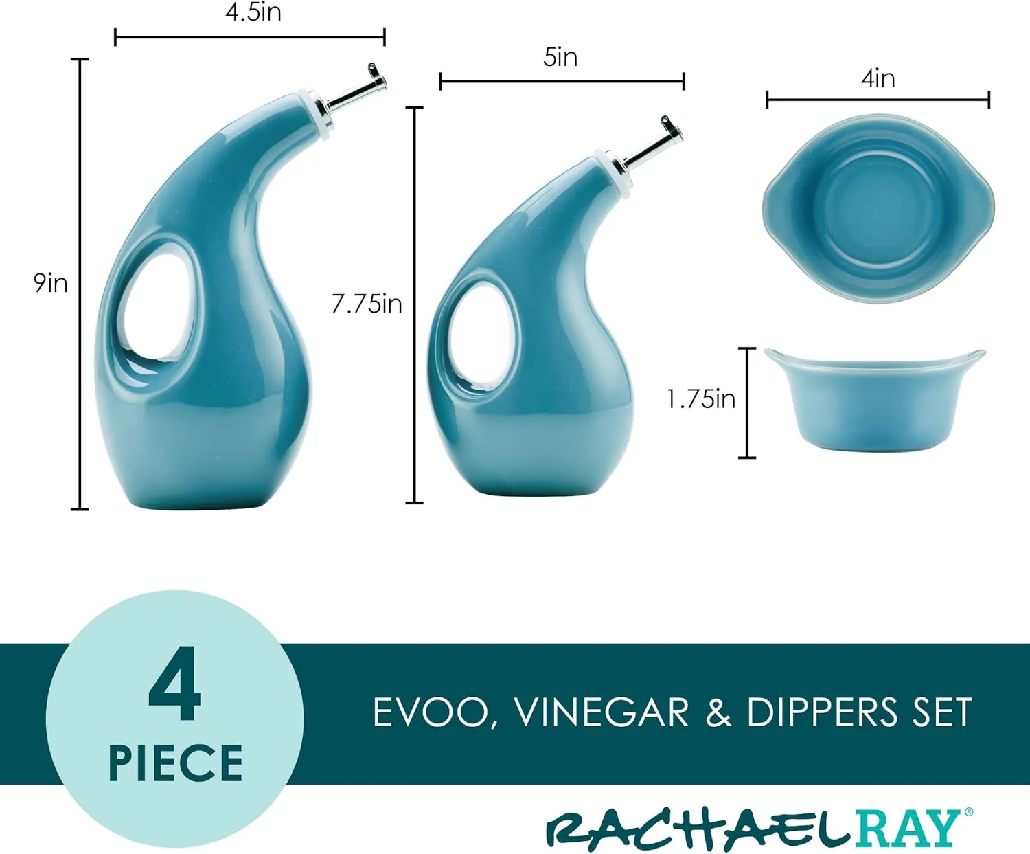 Rachael Ray Serveware Ceramics EVOO and Ramekin Dipper Set, 4 Piece, Agave Blue