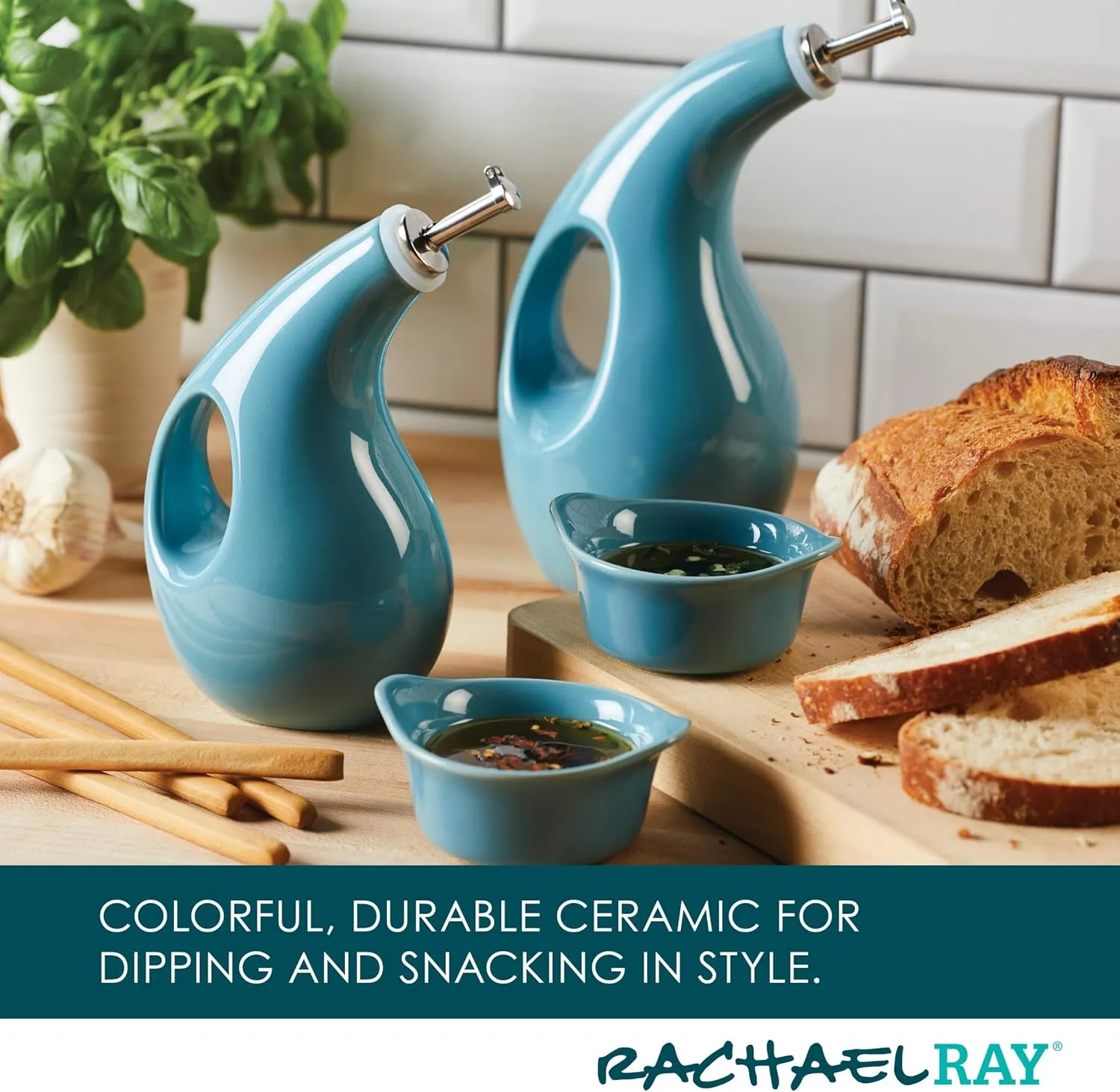 Rachael Ray Serveware Ceramics EVOO and Ramekin Dipper Set, 4 Piece, Agave Blue